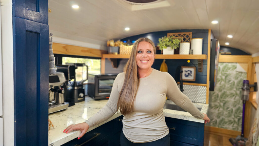 skoolie kitchen essentials inside our bus conversion kitchen