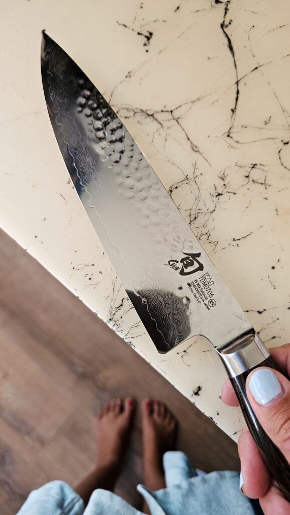 high-quality kitchen knives used in our skoolie kitchen