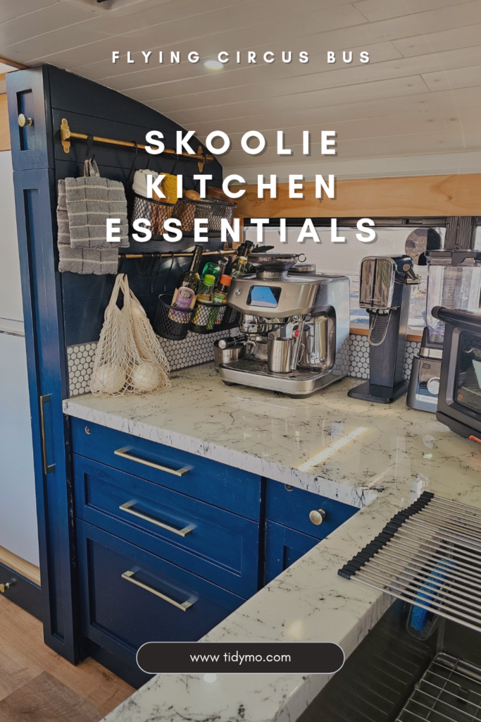 skoolie kitchen essentials inside our bus conversion kitchen